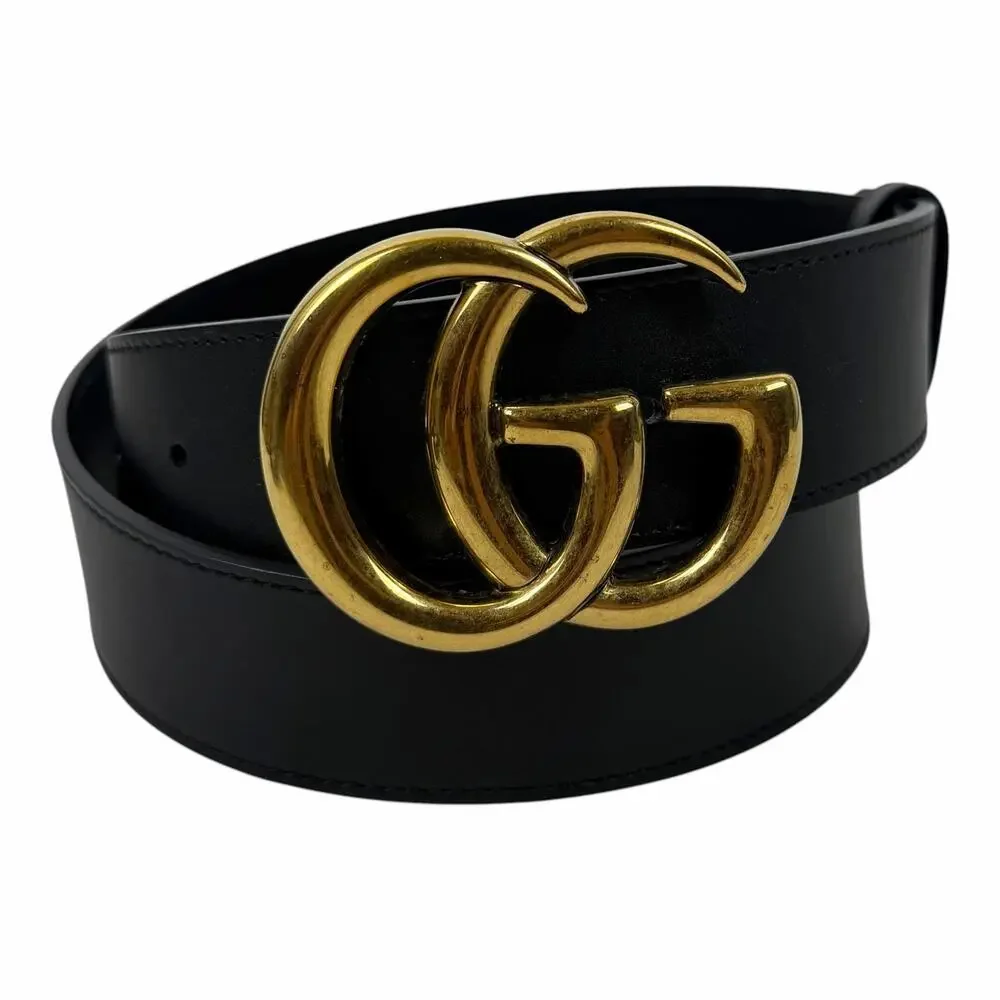 Gucci GG Logo Marmont Wide Leather Belt Black Gold Buckle Size 90/36